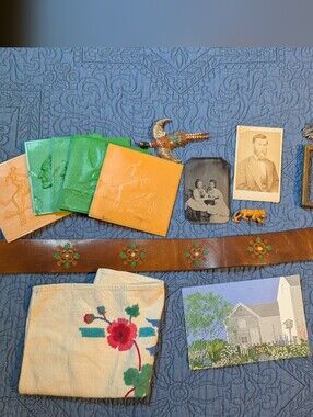 Vintage Fun Grab Bag Photos Embossed Tiles Brass Frame Leather Belt Journal Lot